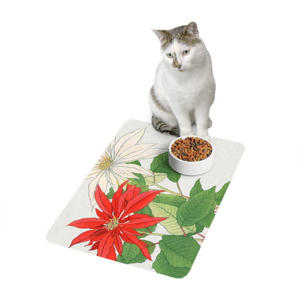 Vintage Poinsettia Glory Pet Food Mat – Red & White Holiday Bloom