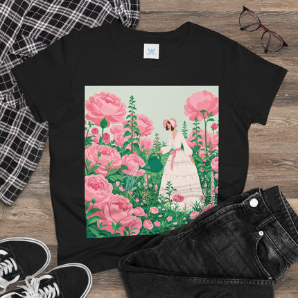 🌸💧 The Rose Garden Watering Cotton Tee – Art Deco Floral Whimsy