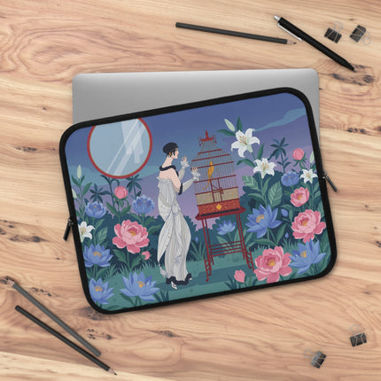 🦜🌸 The Lady And The Golden Bird Laptop Sleeve – Art Deco Garden Elegance