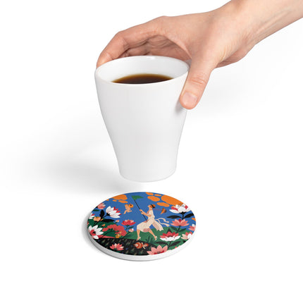 🪁🌺 The Lady Of The Flying Garden Ceramic Coaster – Art Deco Floral Fantasy