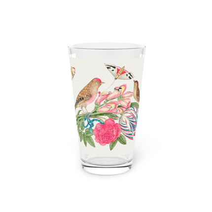 Birds on Bouquet with Tulip, Rose, Snapdragons, and Butterflies Glass, 16oz