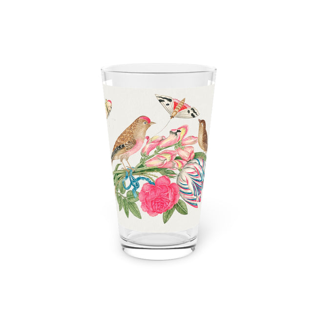 Birds on Bouquet with Tulip, Rose, Snapdragons, and Butterflies Glass, 16oz