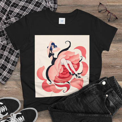 🌹🖤 The Lady Of The Blushing Rose Cotton Tee – Art Deco Fashion Illustration
