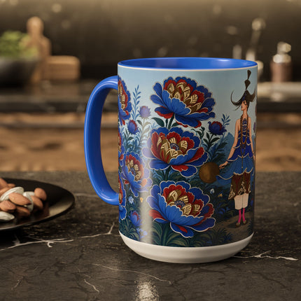 💙🌺 The Sapphire Blossom Garden Dancer Colorful Mug – Art Deco Fashion Fantasy