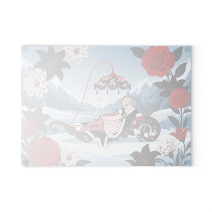 🌹❄️ The Lady Of The Winter Rose Sleigh Glass Cutting Board – Art Deco Alpine Elegance