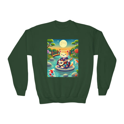 Melodic Kitten by the Koi Pond Youth Crewneck Sweatshirt – Harmony, Joy & Whimsical Charm