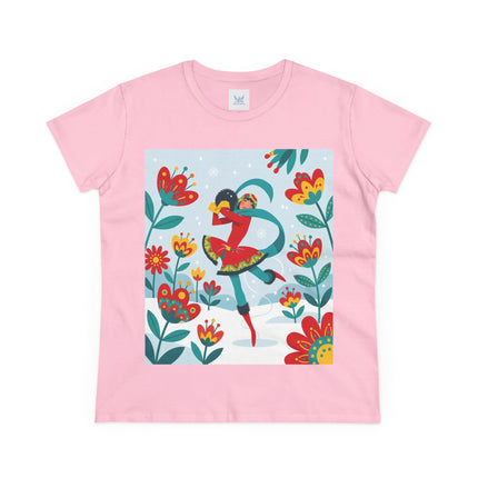 ⛸️🌺 The Winter Flower Skater Cotton Tee – Whimsical Winter Fashion