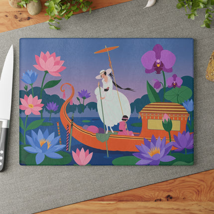 🪷🚣 The Lady Of The Lotus Lake Glass Cutting Board – Art Deco Botanical Fantasy