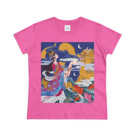 Dragon Pearl Offering Women's Midweight Cotton Tee – Mystical Fantasy & Golden Grace