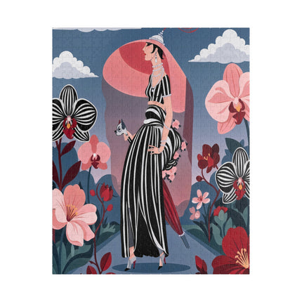 🌸🖤 The Striped Orchid Promenade Puzzle – Art Deco Floral Fashion