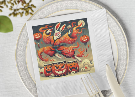 Jack-O’-Lantern Drums & The Kabuki Rabbit White Coined Napkins