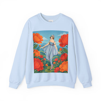 🌺🩵 The Poppy Hill Promenade Crewneck Sweatshirt – Art Deco Fashion Whimsy