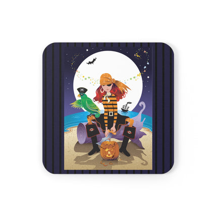 Moonlit Pirate Halloween Cork Back Coaster