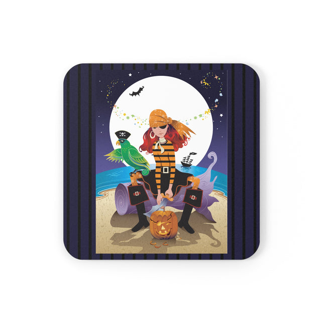 Moonlit Pirate Halloween Cork Back Coaster