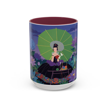 The Lady Of The Moonlit Needlework Colorful Mugs – Art Deco Crafting Elegance