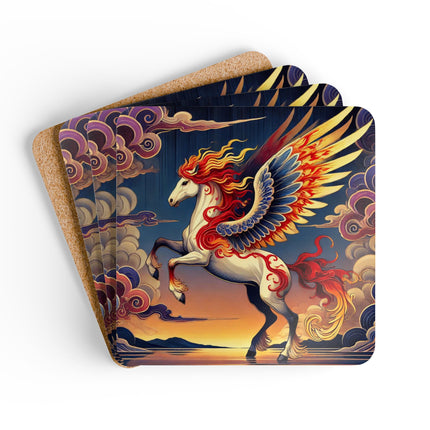 Flame-Winged Horse at Sunset Corkwood Coaster Set