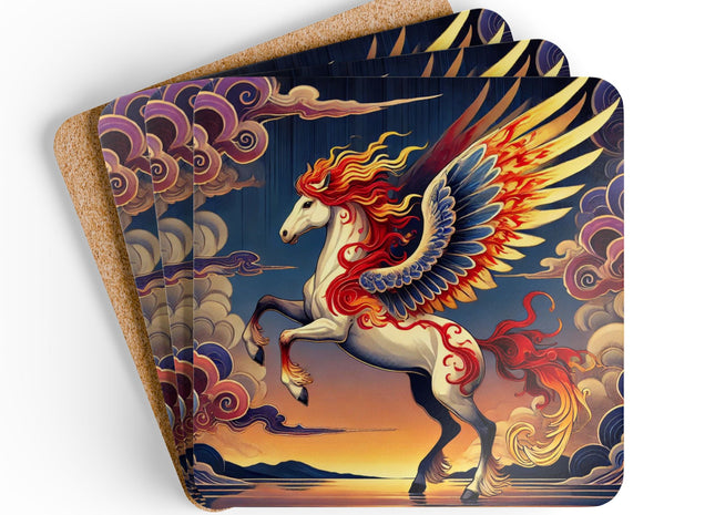 Flame-Winged Horse at Sunset Corkwood Coaster Set