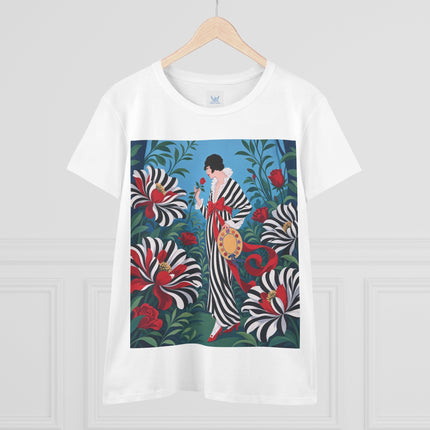 ❤️🌹 The Scarlet Striped Garden Cotton Tee – Art Deco Fashion Illustration