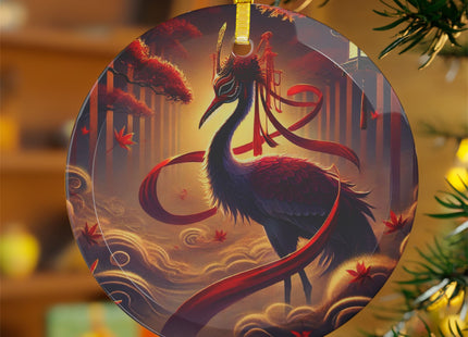 Regal Crimson Crane in the Autumn Mist Glass Ornament