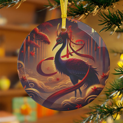 Regal Crimson Crane in the Autumn Mist Glass Ornament
