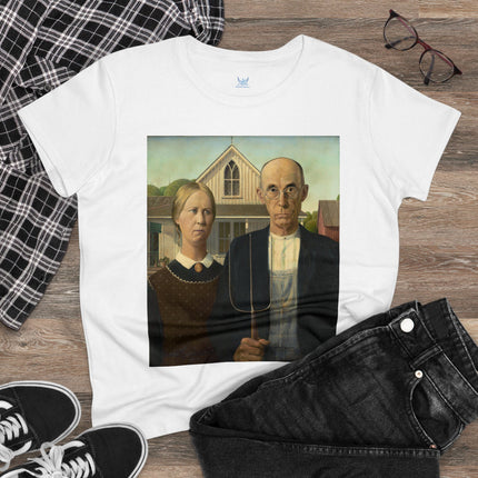 American Gothic by Grant Wood Women's Midweight Cotton Tee