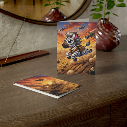 🦓💥 The Little Zebra Battlefield Dash Greeting Card – Whimsical Animal Adventure