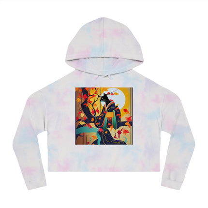 Black Cat in Kimono Women’s Cropped Hooded Sweatshirt