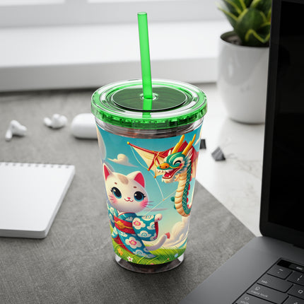 Geisha Kitten and the Dragon Kite Sunsplash Tumbler with Straw, 16oz