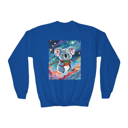 Cute Koala Youth Crewneck Sweatshirt – Dreamy Sky Adventure & Whimsical Wonder