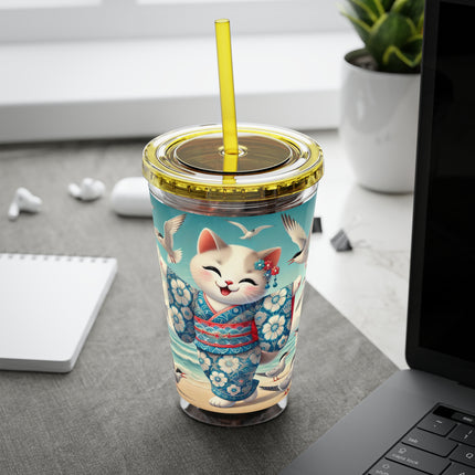 Geisha Kitten by the Seaside Sunsplash Tumbler with Straw, 16oz
