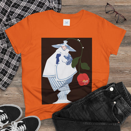 Blue & White Porcelain Geisha Women's Midweight Cotton Tee – Refined Elegance & Timeless Charm