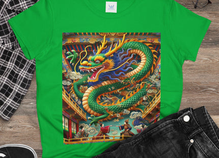 Tibetan Dragon Over Kabuki Duel Women's Midweight Cotton Tee