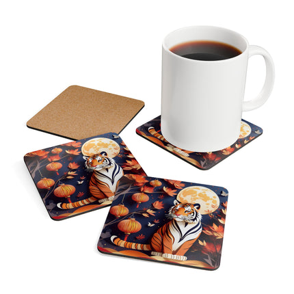 Tiger at an Autumn Moon Viewing Corkwood Coaster Set