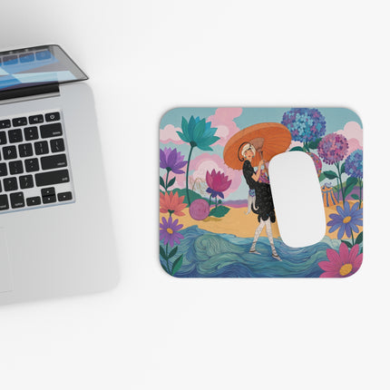 🌊☂️ The Lady Of The Orange Parasol Mouse Pad – Art Deco Seaside Fantasy