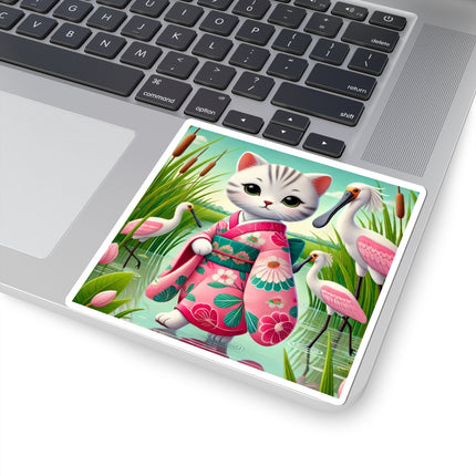 Geisha Kitten Strolls Among the Spoonbills Kiss-Cut Stickers (4 Sizes)