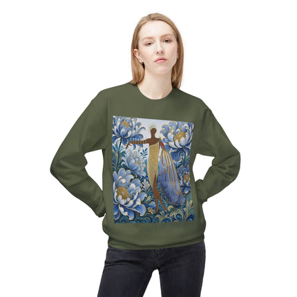 💙✨ The Lady Of The Gilded Blue Blossom Garden Midweight Crewneck Sweatshirt – Art Deco Floral Elegance