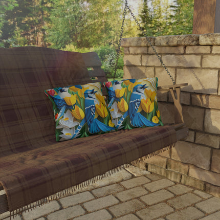 Blue Jays in a Spring Garden Outdoor Pillows