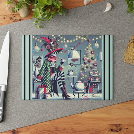Whimsical Christmas Tea Party Glass Cutting Board