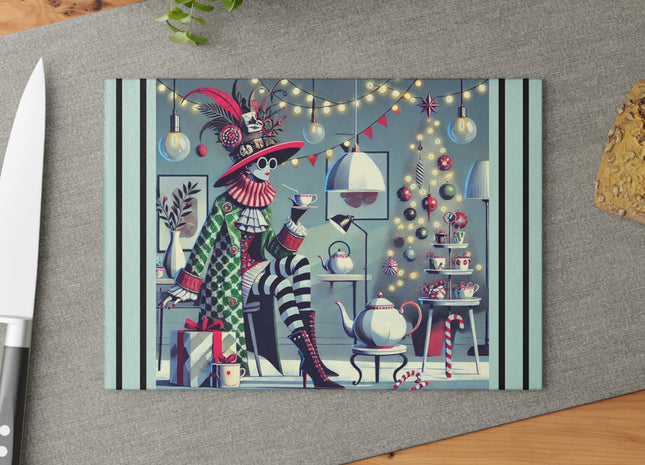 Whimsical Christmas Tea Party Glass Cutting Board