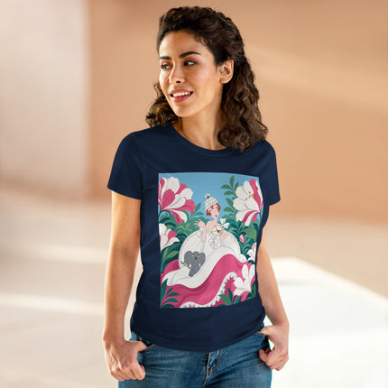 🌸🐘 The Pink Blossom Companion Cotton Tee – Art Deco Floral Whimsy