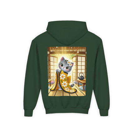 Playful Kitten in the Tea Room Youth Hooded Sweatshirt – Curiosity, Charm & Cozy Comfort