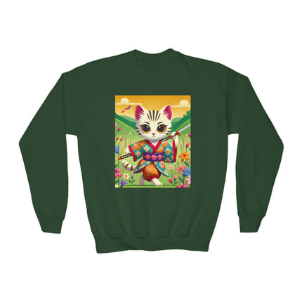 Samurai Kitten Youth Crewneck Sweatshirt – Grace, Discipline & Whimsical Strength