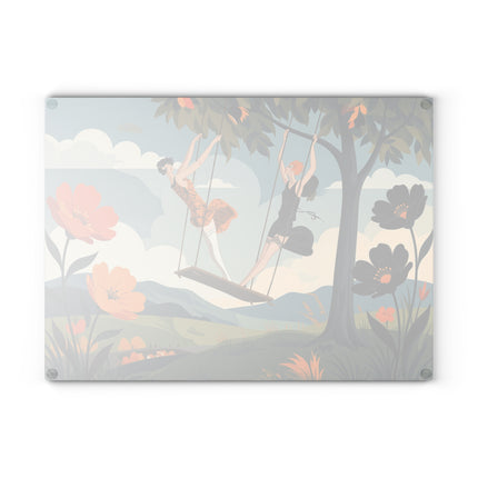 🌳🧡 The Ladies Of The Autumn Swing Glass Cutting Board – Art Deco Woodland Whimsy