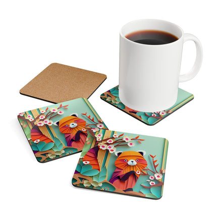 A Playful Red Panda Corkwood Coaster Set