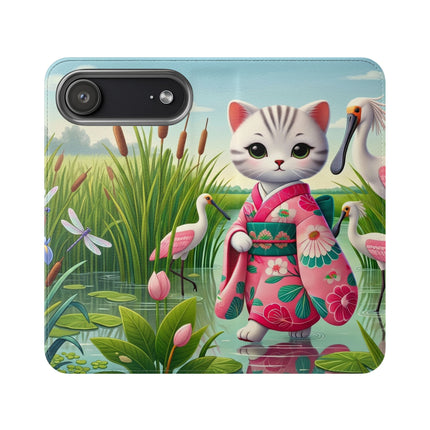 🦩🌸 Geisha Kitten Strolls Among the Spoonbills Flip Case – Serene Grace & Marshland Wonder