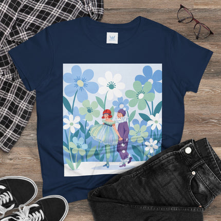 🌸🎭 The Little Dancers In The Flower Garden Cotton Tee – Art Deco Floral Whimsy