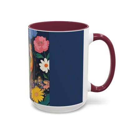 The Lady And The Crimson Moonbird Colorful Mugs – Art Deco Whimsical Garden Elegance