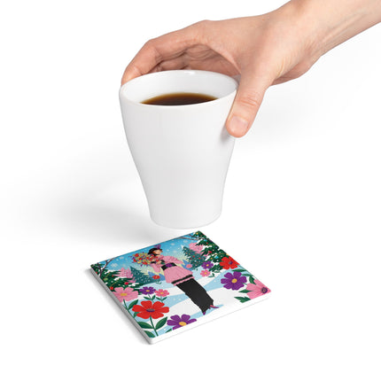 🎀🌸 The Lady Of The Christmas Bouquet Ceramic Coaster – Art Deco Holiday Fantasy