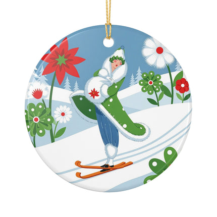 🎿❄️ The Winter Garden Skier Ceramic Ornament – Whimsical Holiday Fantasy