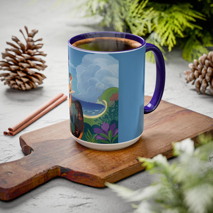 The Lady And The Sea Breeze Colorful Mugs – Art Deco Coastal Serenity
